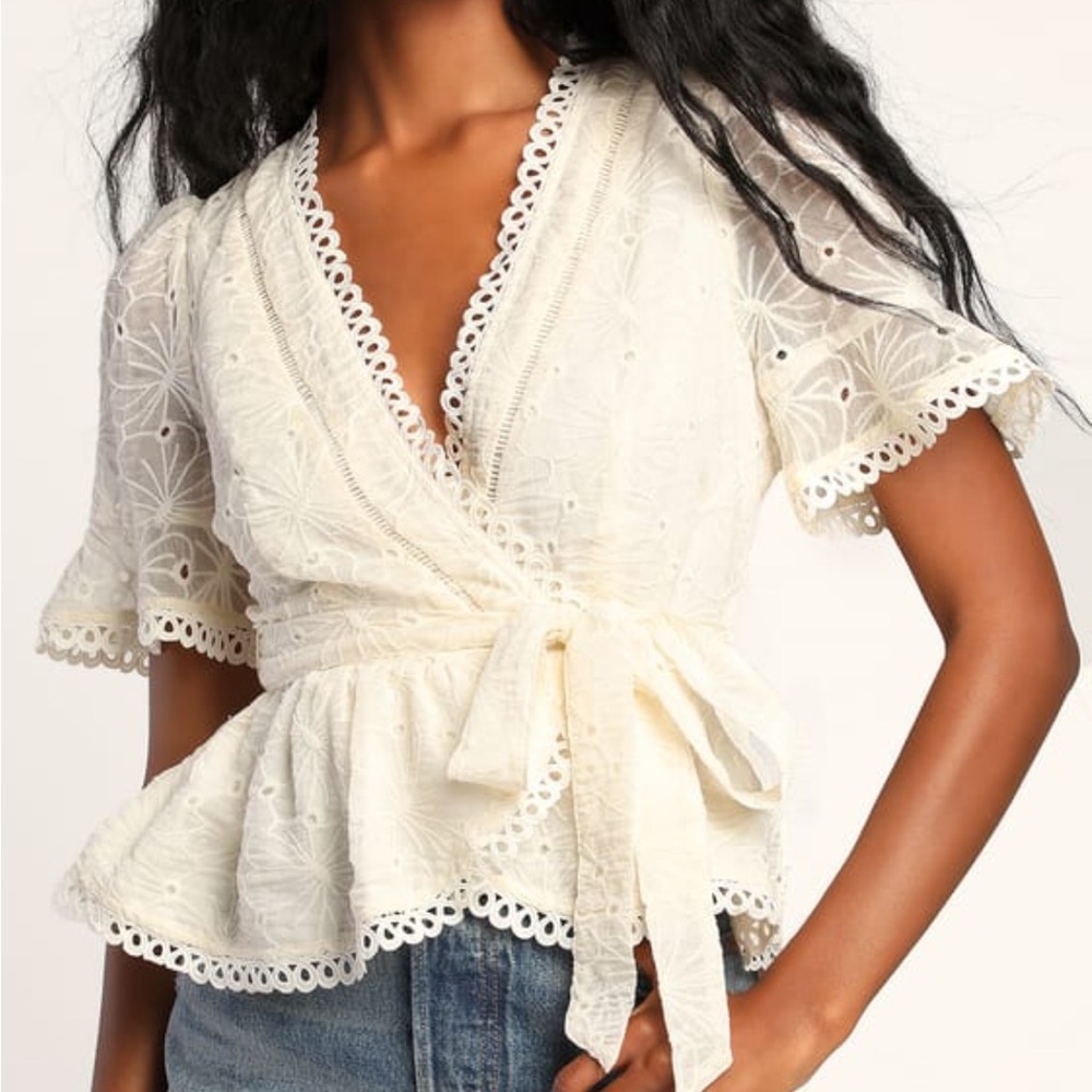 Lulu's Cream Flutter Sleeve Wrap Blouse
